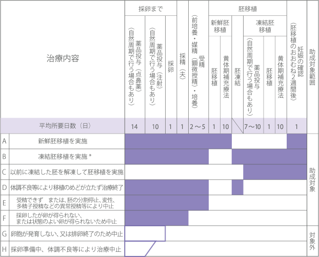 治療ステージ（A～H）と助成対象範囲 表